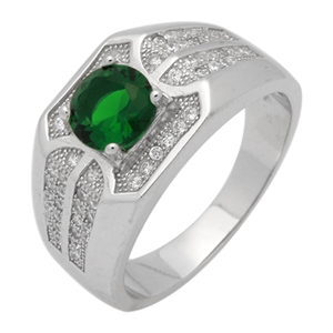 MMCR1026 SILVER MICROPAVE 7MM ROUND CENTER GREEN CZ MENS RING