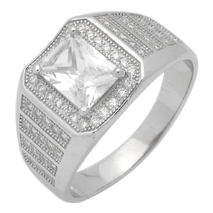 MMCR1027 SILVER MICROPAVE EMERALD CUT CLEAR CZ MENS RING