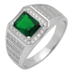 MMCR1028 SILVER MICROPAVE EMERALD CUT GREEN CZ MENS RING