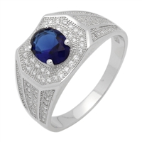 MMCR1031 SILVER MICROPAVE OVAL BLUE CZ MENS RING