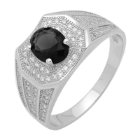 MMCR1033 SILVER MICROPAVE OVAL BLACK CZ MENS RING