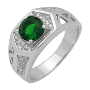 MMCR1035 SILVER MICROPAVE HEXAGON ROUND EMERALD CZ MENS RING