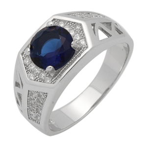 MMCR1036 SILVER MICROPAVE HEXAGON ROUND SAPPHIRE CZ MENS RING