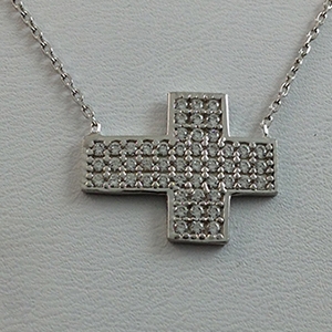 Silver Necklace with CZ -  Sideway Wide Cross - $8.80