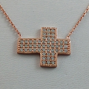 Silver Necklace with CZ - Sideway Wide Cross - $8.80