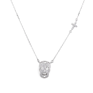 Silver CZ Necklace - Sideway Skull with Sideway Cross