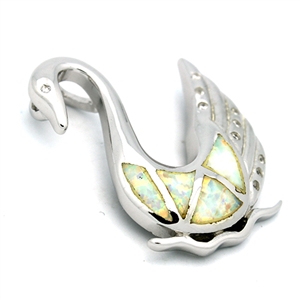 OPP1002-W Silver White Opal Swan Pendant 32mm