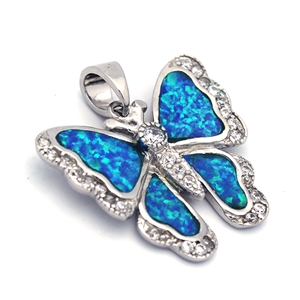 OPP1006-B Silver Blue Opal Butterfly Pendant 23mm