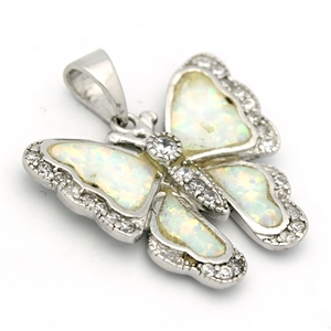 OPP1006-W Silver White Opal Butterfly Pendant 23mm