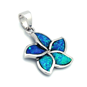 OPP1009-B Silver Blue Opal Plumeria Flower Pendant 18mm