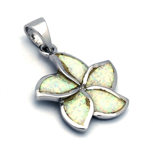 OPP1009-B Silver Blue Opal Plumeria Flower Pendant 18mm