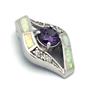 OPP1011-WP Silver White Opal Purple CZ Pendant 23mm