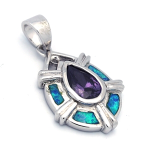 OPP1012-BP Silver Blue Opal Purple CZ Teardrop Pendant 22mm