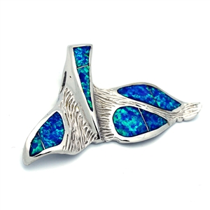 OPP1014-B Silver Blue Opal Big Whale Tail Pendant 57mm