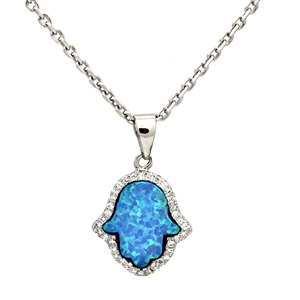 OPP1015-B Silver Blue Opal Hamsa Pendant Necklace