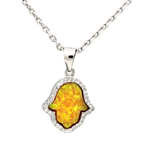 OPP1016-Y Silver Yellow Opal Hamsa Pendant Necklace