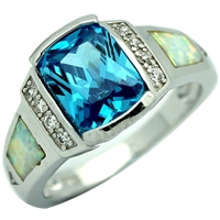 OPR1001-WBT Silver White Opal with Blue Topaz CZ Ring