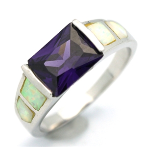 OPR1003-WPU Silver White Opal with Purple CZ Ring