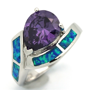 OPR1006-BPU Silver Blue Opal with Purple CZ Ring