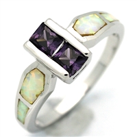 OPR1011-WPU Silver White Opal Purple CZ Ring