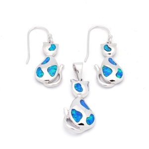 OPS1002-B Silver Blue Opal Cat Pendant earrings Set