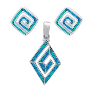 OPS1003-B Silver Blue Opal Diamond Spiral Pendant earrings Set