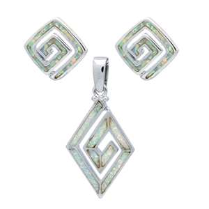 OPS1003-W Silver White Opal Diamond Spiral Pendant earrings Set