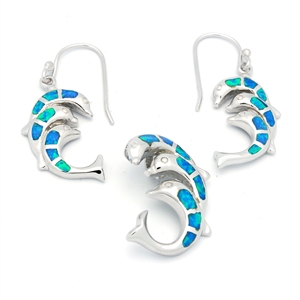 OPS1004-B Silver Blue Opal Dolphin Pendant earrings Set