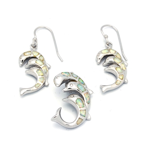 OPS1004-W Silver White Opal Dolphin Pendant earrings Set