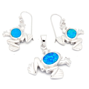 OPS1005-B Silver Blue Opal Frog Pendant earrings Set