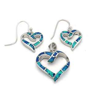 OPS1006-B Silver Blue Opal Heart Pendant Earrings Set