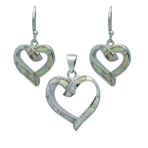 OPS1006-W Silver White Opal Heart Pendant Earrings Set