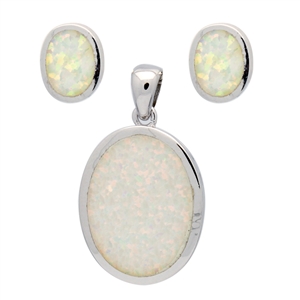 OPS1007-W Silver White Opal Oval Pendant Earrings Set