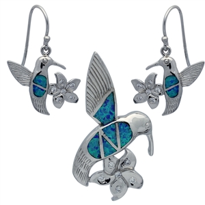 OPS1008-B Silver Blue Opal Humming bird Pendant Earrings Set