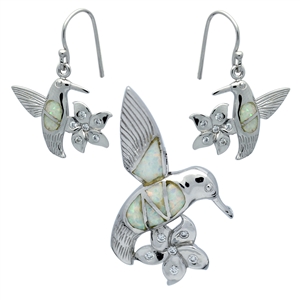 OPS1008-W Silver White Opal Humming bird Pendant Earrings Set