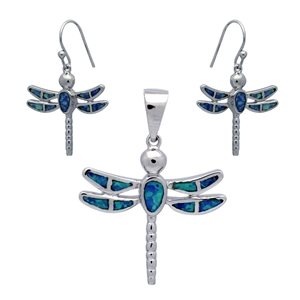 OPS1009-B Silver Blue Opal Dragonfly Pendant Earrings Set