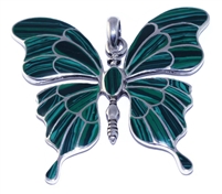 Silver Big Butterfly Synth Green Malachite Pendant