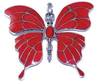 Silver Big Butterfly Red Coral Pendant