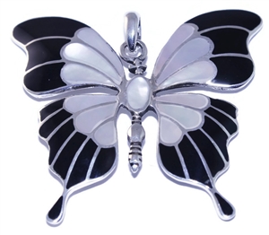 Silver Big Butterfly Mother of Pearl / Synth Black Onyx Pendant