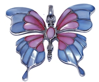 Silver Big Butterfly Pink and Blue Colored Mother of Pearl Pendant