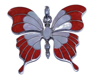 Silver Big Butterfly Red Coral Mother of Pearl Pendant