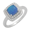 7mm Square Cushion-cut Lab Blue Opal Accent CZ Womens Ring Sterling Silver .925 Stamped