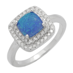 7mm Square Cushion-cut Lab Blue Opal Accent CZ Womens Ring Sterling Silver .925 Stamped
