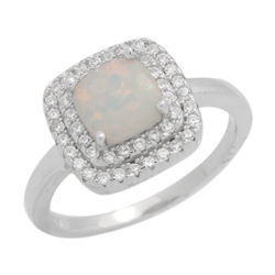 7mm Square Cushion-cut Lab White Opal Accent CZ Womens Ring Sterling Silver .925 Stamped