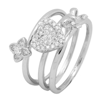 Silver CZ Ring - 3-Piece Set -  Heart, Ribbon and Flower