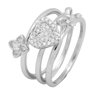 Silver CZ Ring - 3-Piece Set -  Heart, Ribbon and Flower