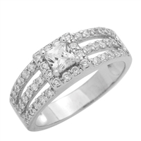 RCZ104048 - Sterling Silver Square Princess Cut Solitaire Halo 3 Band Ring