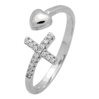 RCZ104064- Sterling Silver CZ Cross Heart Open Cuff Ring