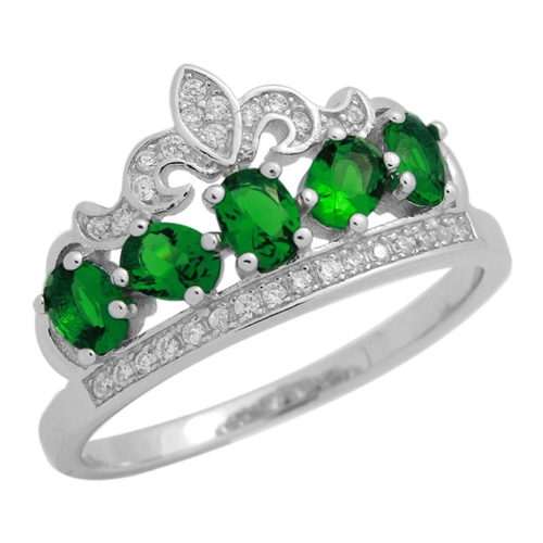 RCZ104133-EM - Sterling Silver Green CZ Micropave Crown Ring