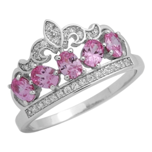 RCZ104133-PI - Sterling Silver Pink CZ Micropave Crown Ring